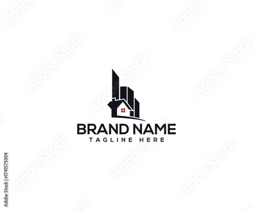 Modern Real Estate Logo: A contemporary emblem featuring a stylized house and skyscrapers, symbolizing growth and innovation in the real estate sector. 