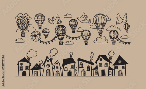Whimsical hand drawn hot air balloons floating above a charming village