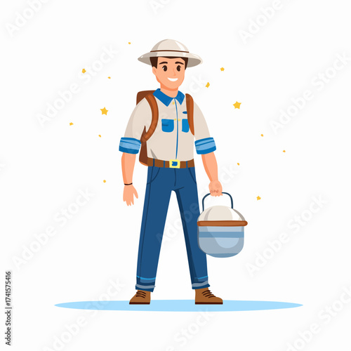 Explorer man with backpack and bucket