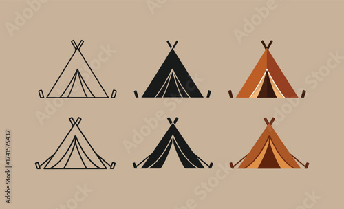 Collection of six stylized teepee tents in outline and solid fill styles