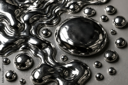 Cuadro en lienzo Liquid Mercury: A close-up view reveals the mesmerizing dance of liquid mercury droplets, each reflecting light and creating a striking visual texture