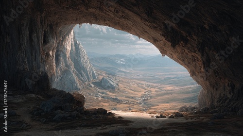 Immense cavern entrance leading underground hinting at unexplored mysteries below an epic landscape