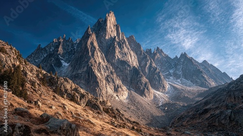 Fototapeta Naklejka Na Ścianę i Meble -  High-altitude mountain landscape jagged peaks deep blue sky wispy clouds vast untouched wilderness adventure vibe