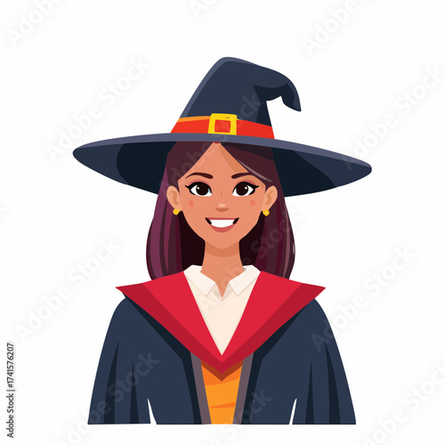 Smiling witch with hat and cloak with transparent background