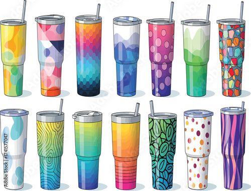 vector, illustration, tumblers in various colors and sizes, drink boxes, beverage bottles, tumblr, Drinking Glass