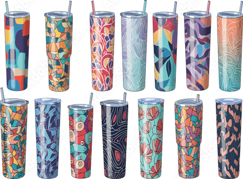 vector, illustration, tumblers in various colors and sizes, drink boxes, beverage bottles, tumblr, Drinking Glass