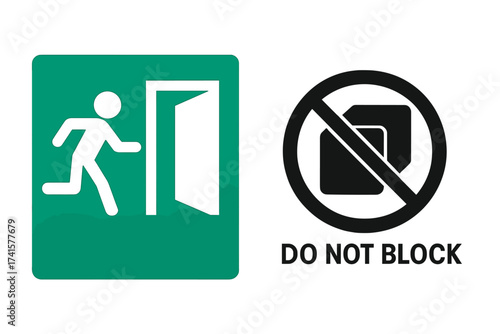 Emergency exit sign vector. Do not block warning symbol. Safety rules for evacuation route. Fire escape way out. Keep clear access. Danger notice. Prohibition icon set.