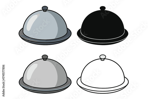 Restaurant cloche icon set. Food serving tray with lid. Silver platter with dome cover for catering service. Vector illustration in flat, silhouette, and outline styles.