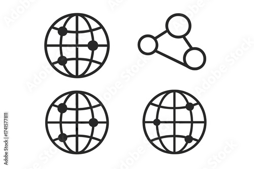 Global network icon set. Internet connection and communication technology symbols. Worldwide web, data sharing, and logistics structure vector. Globe and share icons.