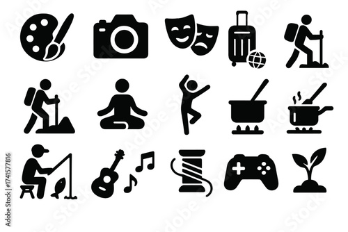Hobby and leisure solid icon set. Vector glyph collection of painting, photography, acting, travel, hiking, yoga, dancing, cooking, fishing, music, gaming and gardening.