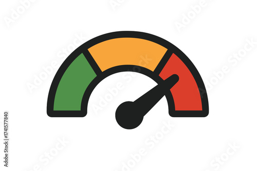 Riskometer gauge icon for high, medium, and low risk levels. Speedometer vector for measuring danger, performance, or credit score. Indicator icon isolated on white background.