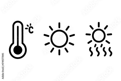 Hot weather icon set. Thermometer with high temperature, sun symbol, and heat wave sign. Vector line art collection for summer, climate forecast, and global warming concepts.