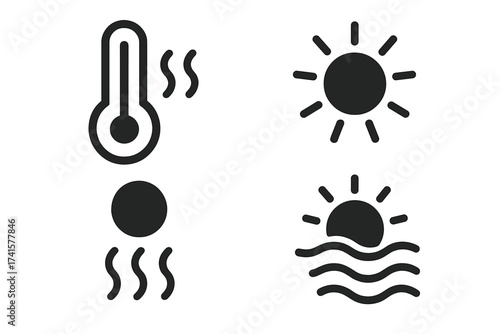 Hot weather icon set. High temperature and heatwave warning symbols. Summer season concept with sun, thermometer, and sunset over water. Climate and meteorology vector signs.