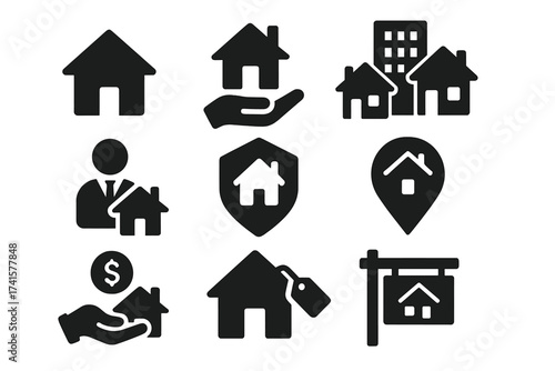 Real estate solid icon set. Contains house, property, loan, agent, town, insurance, location, mortgage, for sale sign. Home buying, selling and investment glyph pictograms.
