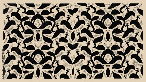 Elegant peacock pattern in black and beige for stunning wallpaper, fabric, or graphic design projects, bringing a touch of timeless sophistication