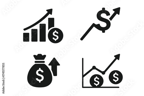 Inflation icon vector set. Dollar chart and graph rise up. Cost price increase symbol. Financial growth, economic success, and revenue increase concept illustration collection.