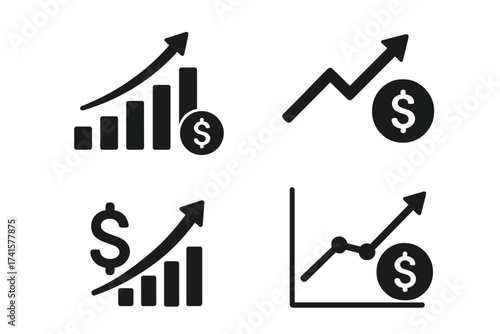 Inflation icon vector set. Dollar chart and graph rise up. Financial cost and price increase symbol. Economic growth, sales, and money value appreciation concept design.