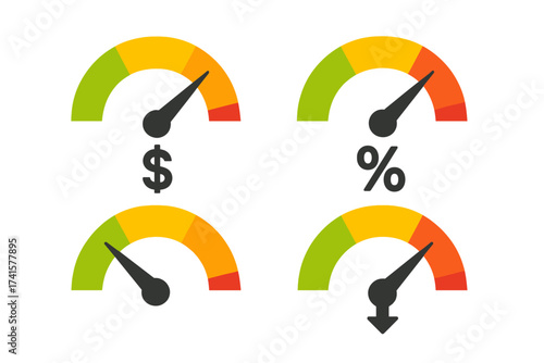 Interest rate gauge vector set. Financial risk meter. Credit score indicator and performance measurement. Low, medium, high level scale. Percentage, dollar icon. Dashboard element.