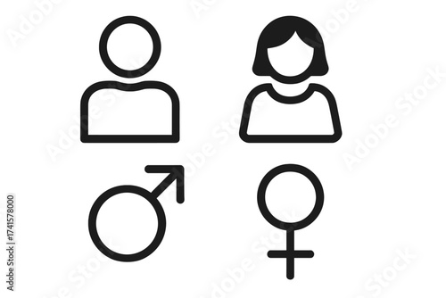 Male and female icon set with gender symbols. Man, woman user avatar pictogram collection. Vector character for web design. People, person, boy, girl, restroom sign concept.