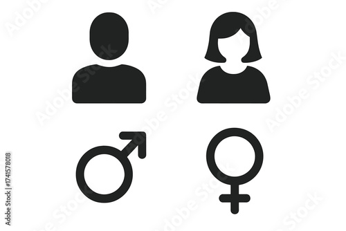 Male and female gender symbol icon set. Vector illustration of man and woman user profile avatar. People, person character silhouette. Restroom, wc, toilet sign concept.