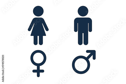 Male and female gender icon set. Man and woman pictogram collection. Vector illustration of Mars and Venus gender symbols. People silhouettes for UI, restroom, and WC signs.