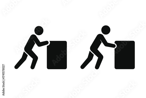 Man icon push and pull heavy object. Person moving big box. Vector pictogram set. Concept of effort, force, work, delivery, strength, moving, manual handling, opposite.