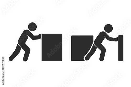 Man pushing and pulling heavy box icon set. Vector illustration of stick figure showing effort, force, strength. Concept of work, resistance, opposition, moving, delivery.