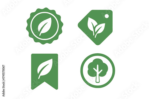 Eco friendly green label vector icon set. Natural, organic, bio food product sticker with leaf and tree symbol. Vegan certified quality seal, badge, and tag illustration.