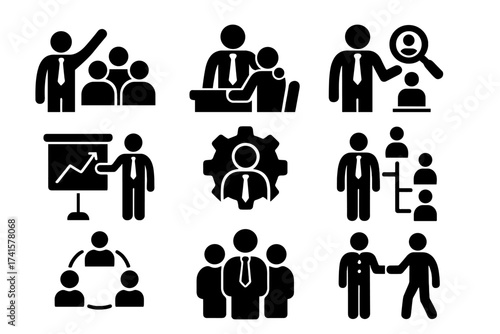 Manager icon set. Business concepts like leadership, supervision, hiring, coaching, management, development, organization, teamwork and delegation. Solid glyph pictograms.