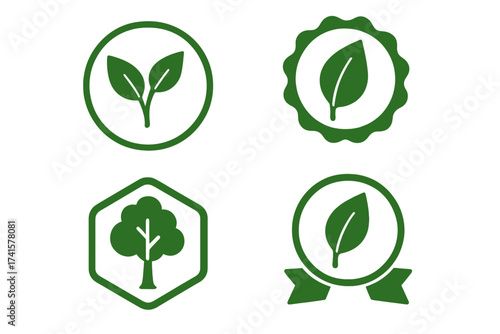 Natural label icon vector set with leaf and tree symbols. Certified organic sticker. Eco friendly, bio, vegan food package seal. 100% fresh product guarantee badge.