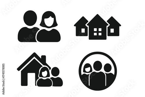 Neighbor and neighborhood icon set. Community, people, and family symbols. Home, real estate, and residence pictograms. Social group, team, and couple vector illustration.