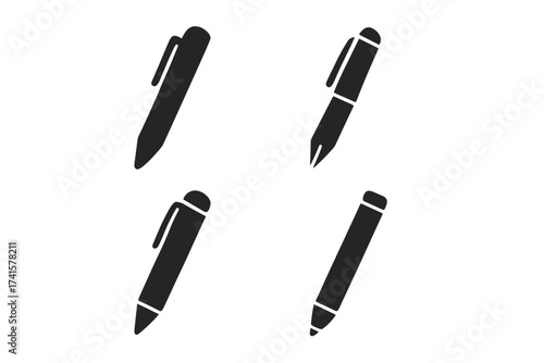 Pen icon collection vector set, stationery tool symbols isolated on white background, simple black silhouette design, office supplies illustration, ink and ballpoint pen silhouettes