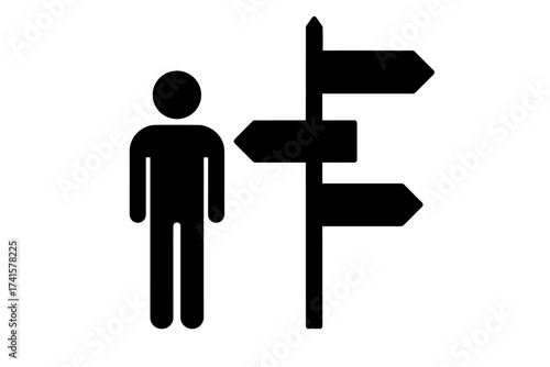 Man at crossroads choosing future, present, and past direction. Signpost for business strategy, decision making, life path, and opportunity. Concept vector illustration.