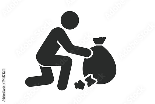 Person collecting trash icon, man picking up garbage symbol, vector illustration with transparent background, environment cleanup, waste collection concept, recycling and sanitation