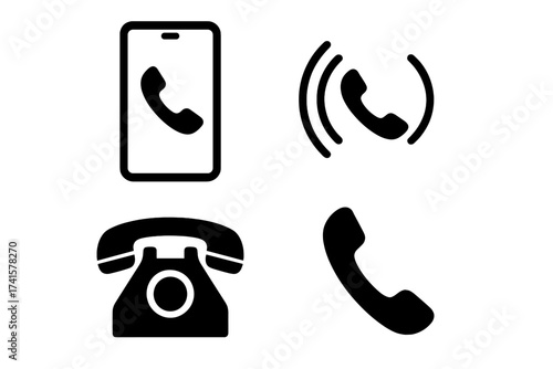 Phone call icon set vector. Mobile phone, ringing phone, vintage retro telephone, classic handset silhouette. Communication, contact, call concept collection.