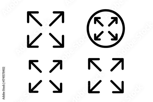 Expand icon set for full screen mode. Maximize and resize arrows symbol collection. Vector line art for user interface design. Zoom out and fullscreen pictogram pack for web.