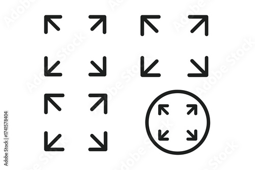 Expand, resize and minimize vector icon set. Fullscreen, zoom out and exit arrows symbol collection. UI UX interface buttons for web, app, video player display design.