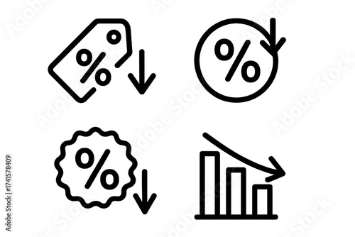 Price reduced discount icons vector set, financial concept illustration with percentage signs, downward arrows, transparent background, sales and savings symbols collection