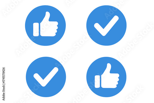 Like and check mark vector icon set. Thumbs up and tick symbol for approval, confirmation, and agreement. Social media feedback, good choice, and ok button for interface.