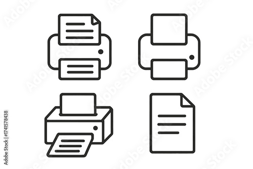 Printer icon set with printout symbols, printing machine vector template design, office equipment icons, paper document illustration, transparent background, ordered graphic elements
