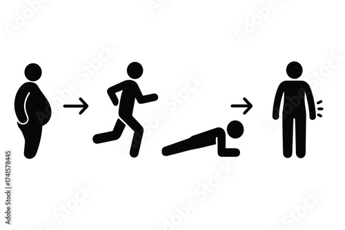 Weight loss transformation process icon. Man from fat to fit by doing sport, exercise, and fitness. Lose belly fat workout steps with running and plank. Before and after.