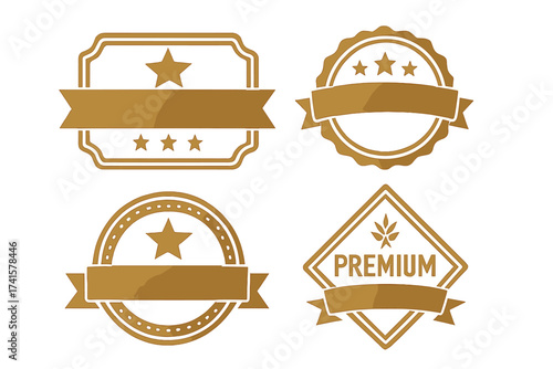 Golden premium quality seal and limited edition badge set. Vector illustration of exclusive award emblems with stars and ribbons. Guarantee label and certificate design elements.
