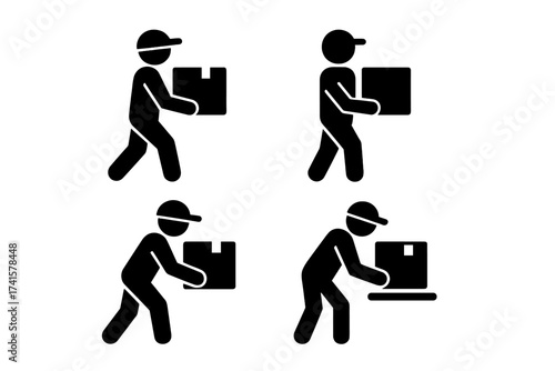 Man carrying box icon set. Courier delivering package symbol collection. Mover, porter, deliveryman pictogram. Lifting, moving, shipping cargo. Logistics and delivery service.