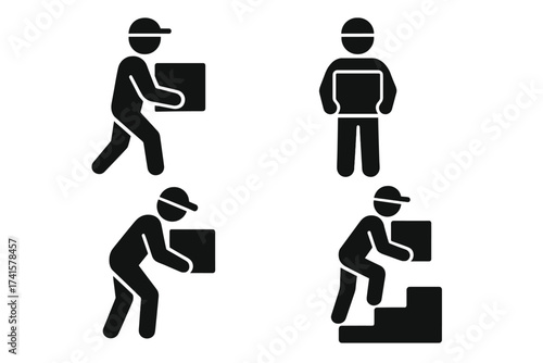 Man carrying box icon set. Courier, delivery person, mover pictogram symbol. Manual handling, lifting package, parcel service. Shipping and logistics vector illustration.
