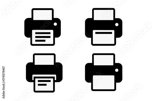 Printer icon set, printout symbol, printing machine vector illustration, black and white printer icons, ordered set with transparent background, office technology symbols