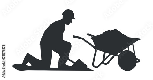 Construction Worker Kneeling with Shovel near Wheelbarrow Silhouette