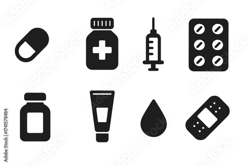 Medical icon set. Healthcare pictograms. Pharmacy and medicine symbols. Pill, capsule, drug bottle, syringe, injection, tablet blister pack, ointment tube, blood drop, plaster.