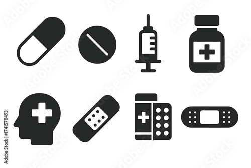 Medicine icon set. Medical and healthcare symbols. Pharmacy, drug, and prescription icons. Pill, capsule, syringe, vaccine, plaster, bottle vector illustration collection.
