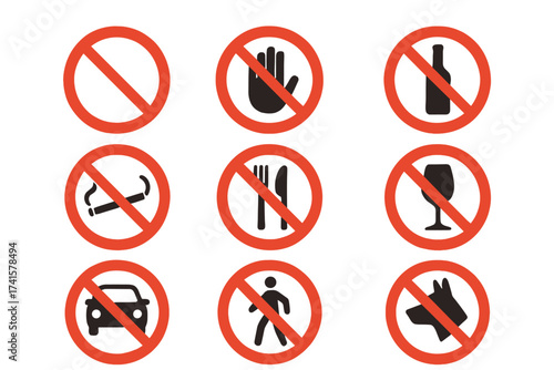 Set of prohibition and restriction signs icons collection. No entry, no smoking, no drinking, no cars, no walking, no pets allowed. Vector illustration with transparent background.