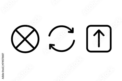 Update, refresh, and no change vector icon set. Replace, reload, sync, and upload symbols. Prohibited, stop, or cancel sign. Linear pictograms for web, ui, ux design.